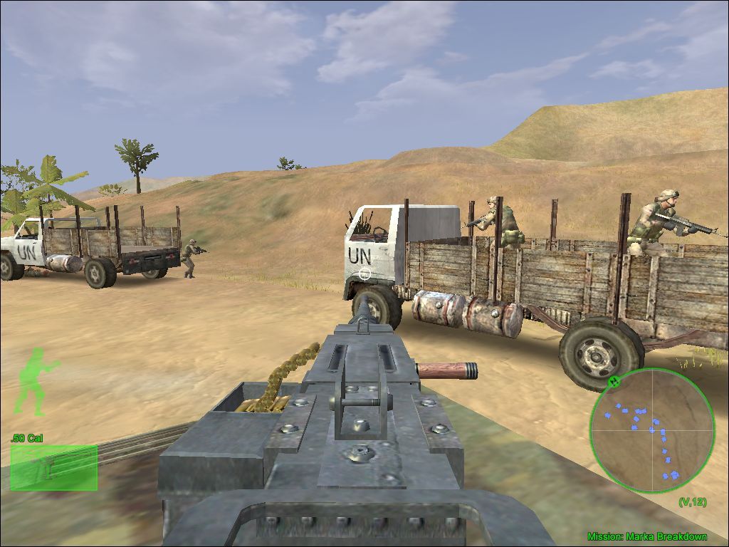 Delta Force: Black Hawk Down (Windows) screenshot: The reason why we are here, the damn UN is too cheap to opt for the road side assistance...
