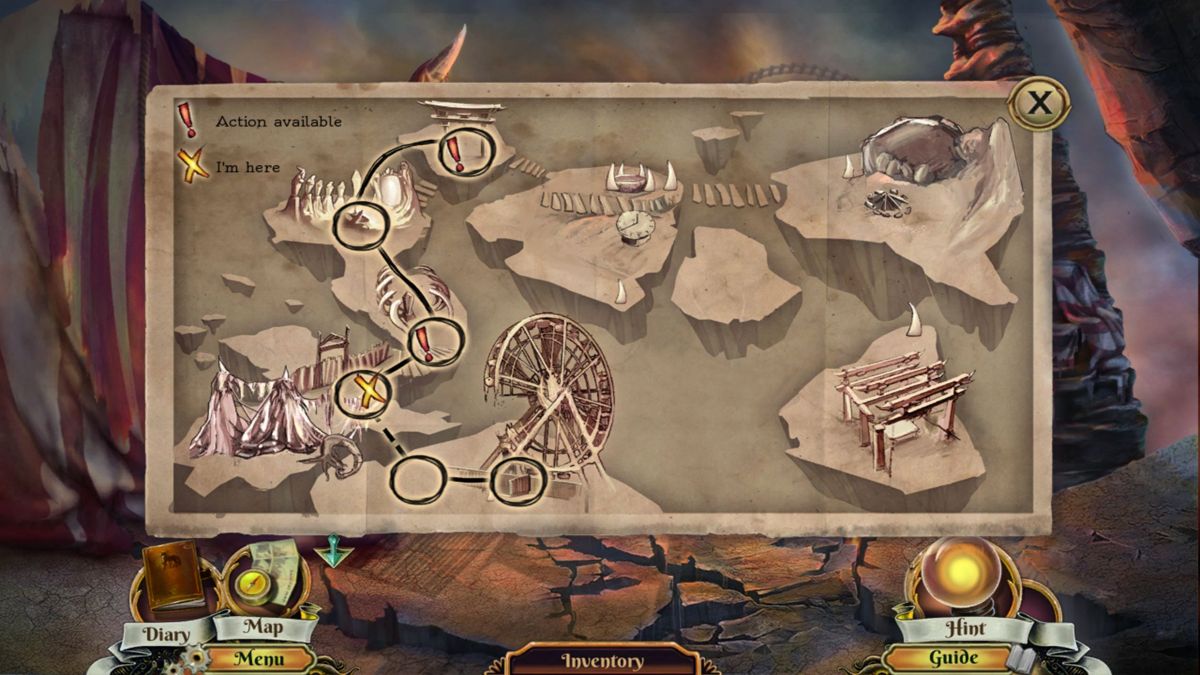 Dark Arcana: The Carnival (Windows) screenshot: The in-game map showing the player's position and where the next puzzle is. This example is from the Bonus Adventure