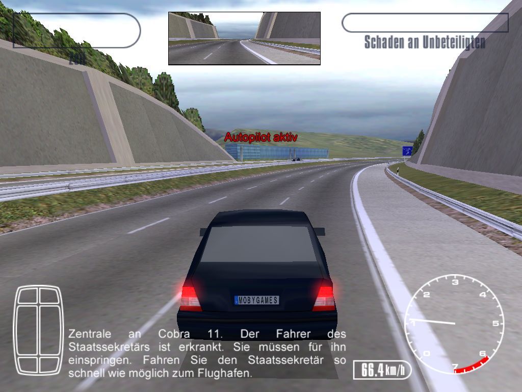 Alarm für Cobra 11 (Windows) screenshot: Next objective: drive the secretary of state to the airport. Autopilot will be disabled after reading the player's mission description.