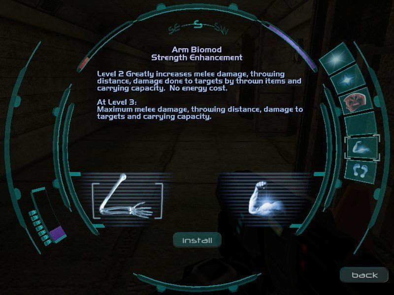 Deus Ex: Invisible War (Windows) screenshot: The RPG and skill development aspects of Deus Ex are replaced with five biomod slots that have three options each for enhancement