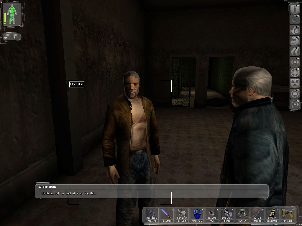 Deus Ex (Windows) screenshot: Two bums talk about the plague in a clinic