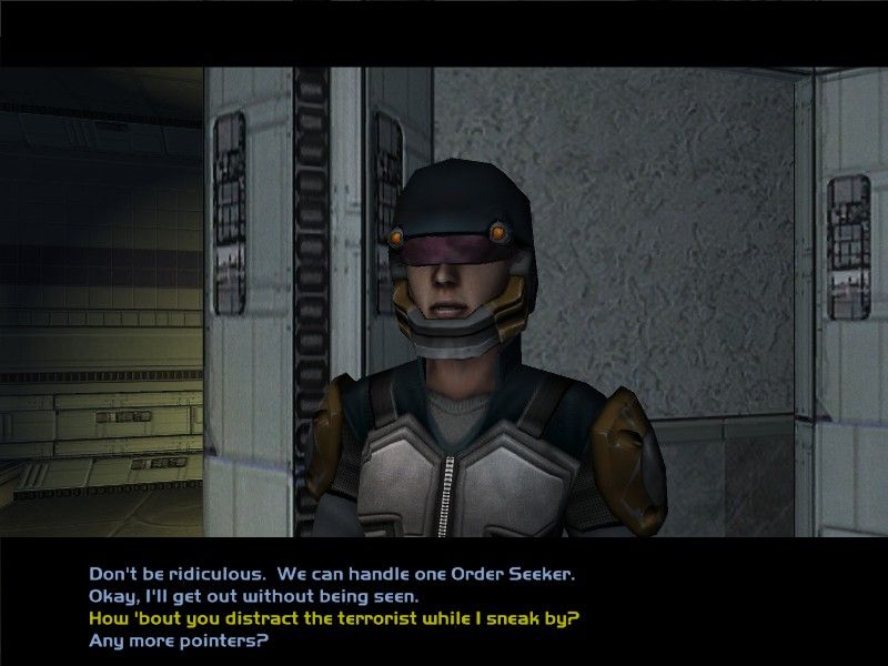 Deus Ex: Invisible War (Windows) screenshot: During some conversations, you will be offered different answers that may change the situation