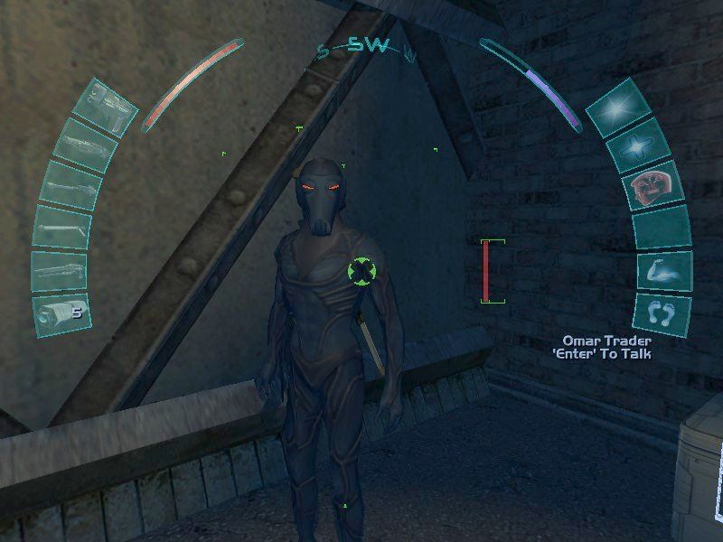 Deus Ex: Invisible War (Windows) screenshot: There are no configuration options for the HUD. If you don't like it, your only choice is to reduce its opacity until you can't see it