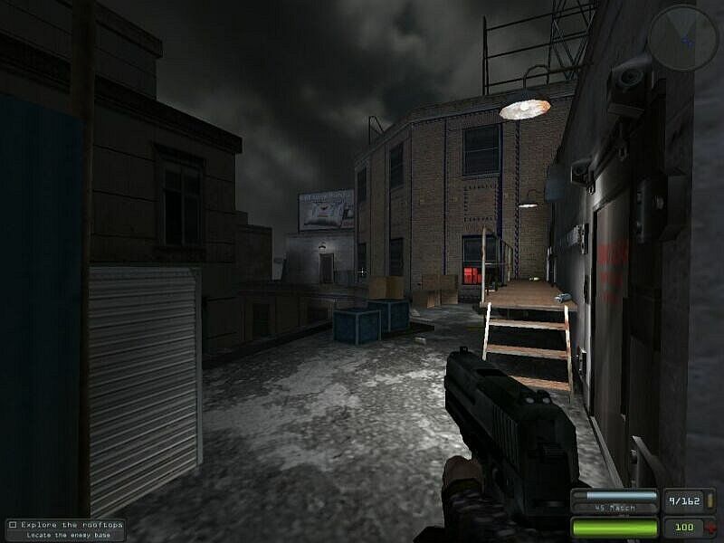 Devastation (Windows) screenshot: Just an ordinary rooftop with a maniac carrying a gun on top.