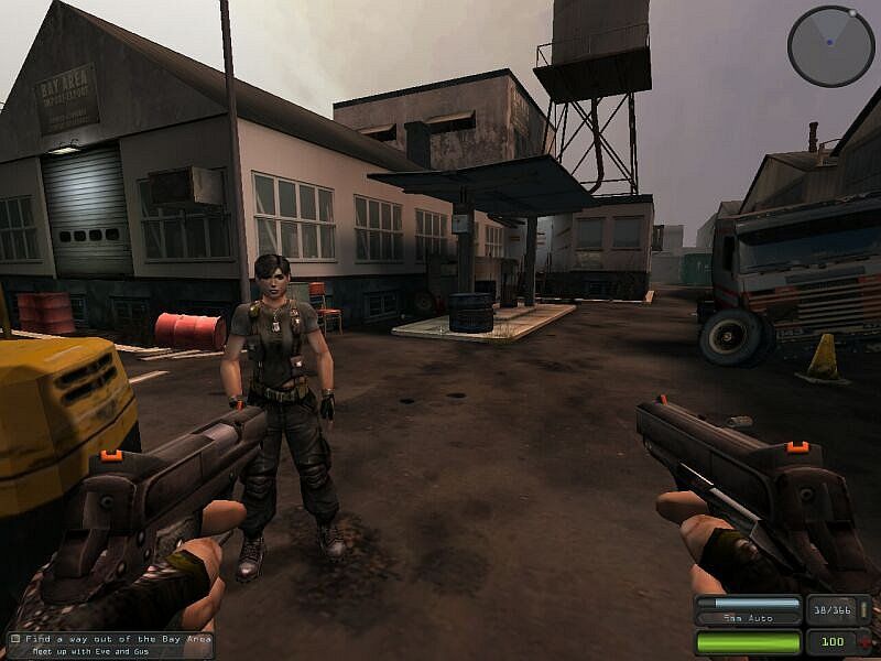 Devastation (Windows) screenshot: No, I wasn't about to shoot her. I was just.. uh.. showing her my guns.