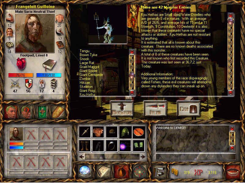Demise: Rise of the Ku'tan (Windows) screenshot: The Guilds' Library, Monster Information