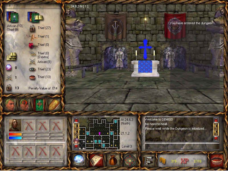 Demise: Rise of the Ku'tan (Windows) screenshot: The Altar (just inside the dungeons' entrance), with Skills Information Pane on the left