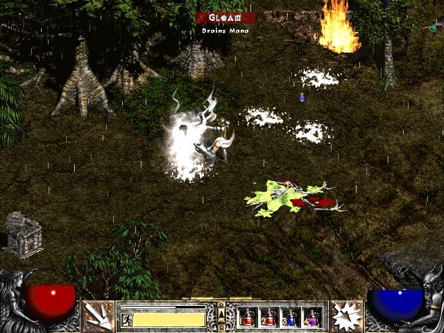 Diablo II (Windows) screenshot: Some foes can be stealthy, but when they do appear, they shine so much you cannot miss.
