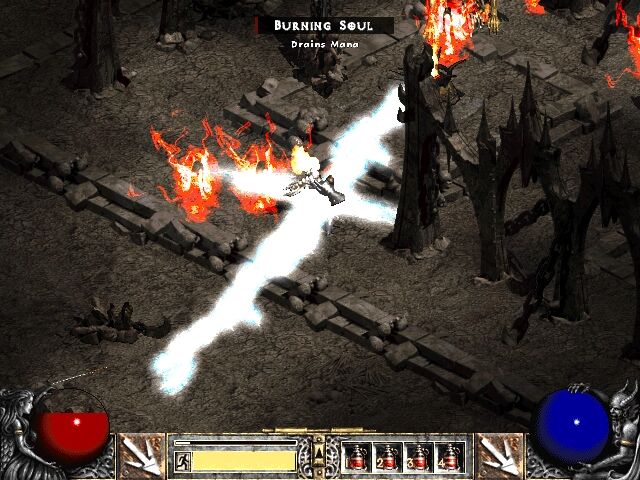 Diablo II (Windows) screenshot: Caught in the line of fire. For such things, it's best to try dodging fire and take opponents one by one.