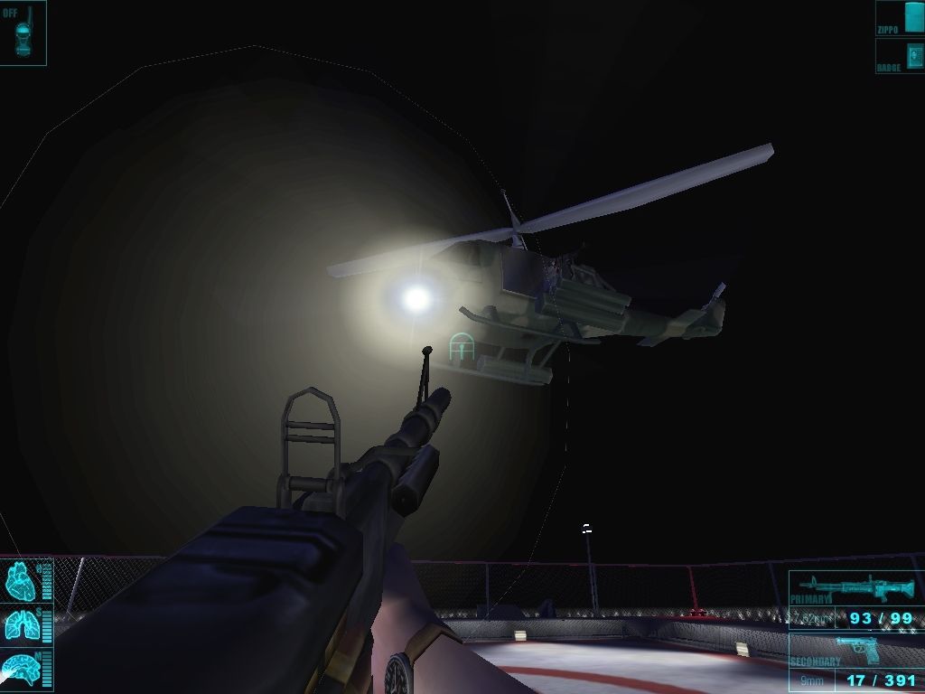 Die Hard: Nakatomi Plaza (Windows) screenshot: If Half-Life, Max Payne, Soldier of Fortune, and No One Lives Forever have taught me anything, it's that helicopters are NOT my friend