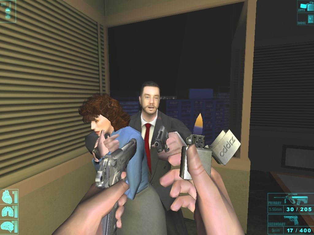 Die Hard: Nakatomi Plaza (Windows) screenshot: Cowboy confrontation with Hans Gruber, who's holding your wife hostage