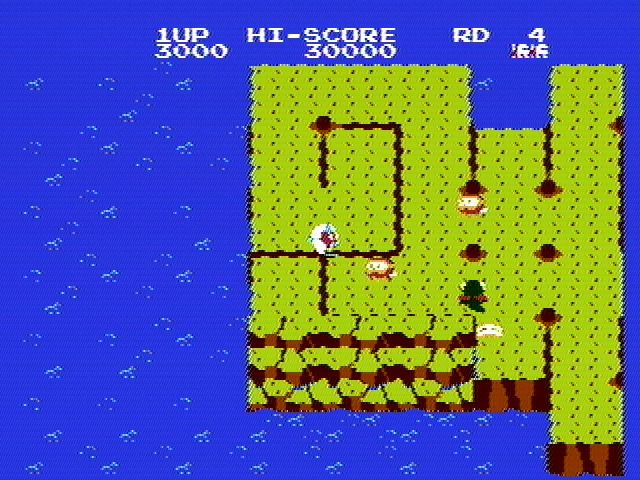 Dig Dug II: Trouble in Paradise (NES) screenshot: Part of the island falling into the ocean