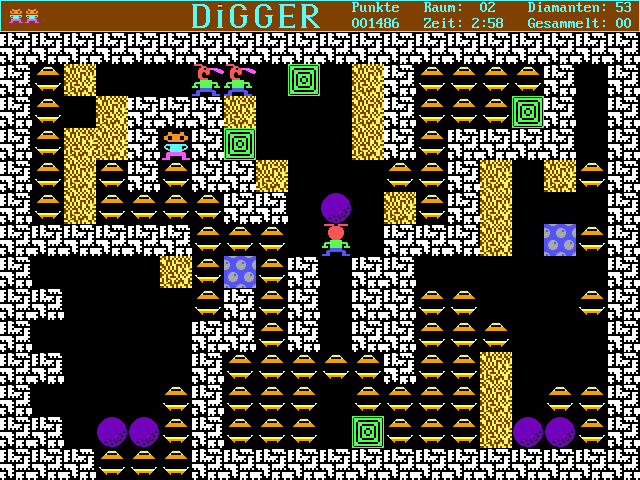 Digger (DOS) screenshot: One second later, and the ghost in the center is dead...