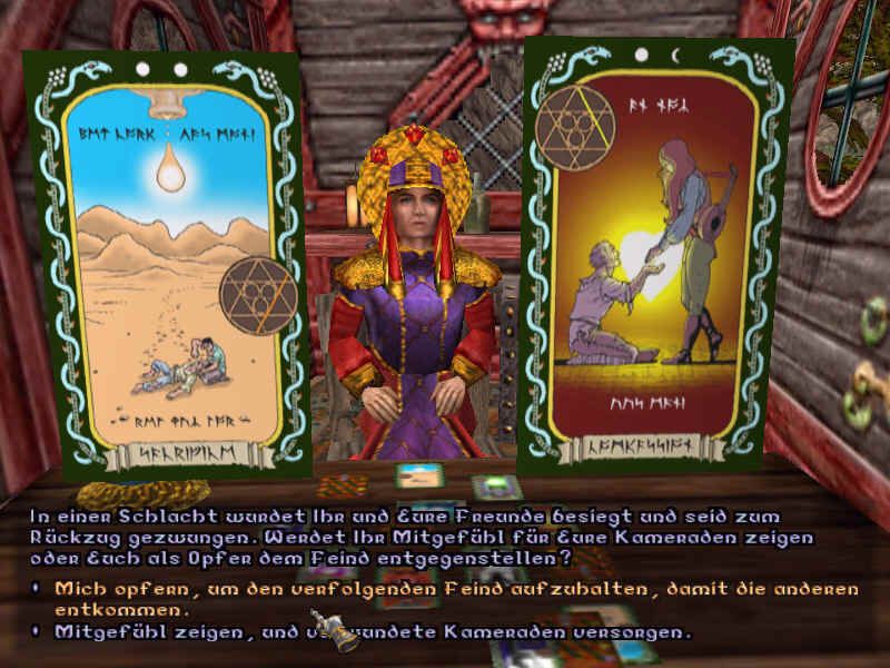 Ultima IX: Ascension (Windows) screenshot: Typical Ultima-style character creation, offered by the wise gypsy woman and based on your ethical choices (German version)