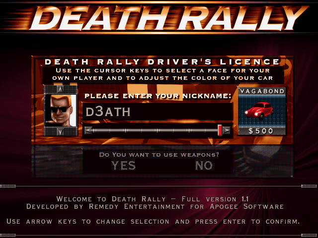 Death Rally (DOS) screenshot: Pre-game character generation