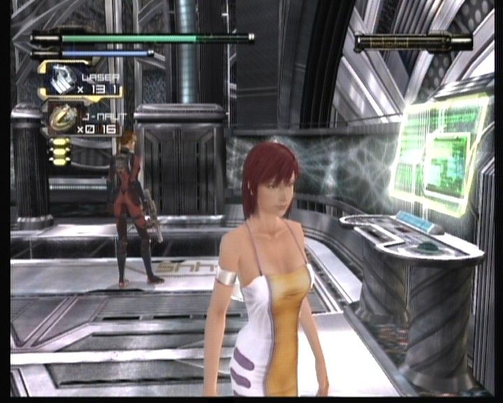 Dino Crisis 3 (Xbox) screenshot: Escaping via elevator, using 1st-person view.