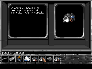 Universe (DOS) screenshot: We can collect all sort of junk (totally useless). Space janitors R us!