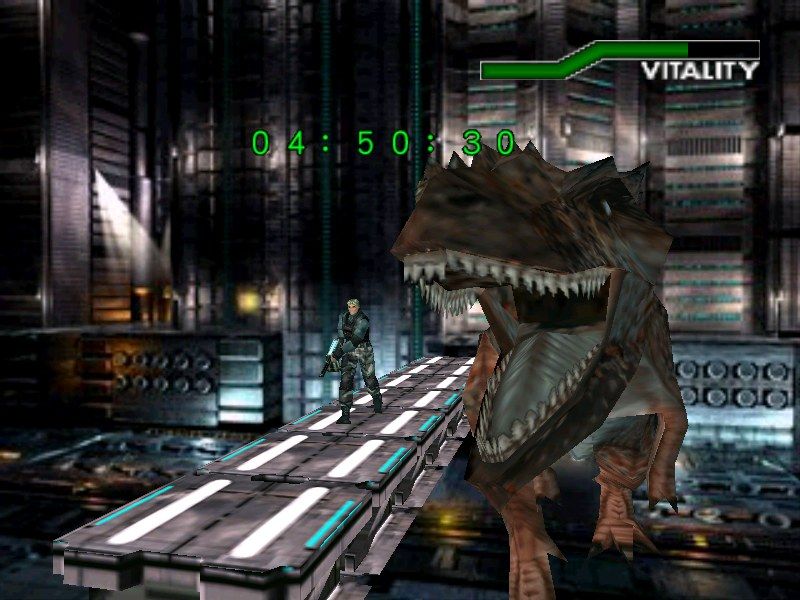 Dino Crisis 2 (Windows) screenshot: As it is with boss fights in Capcom games, it isn't enough the boss itself, but the time must tick away as well.