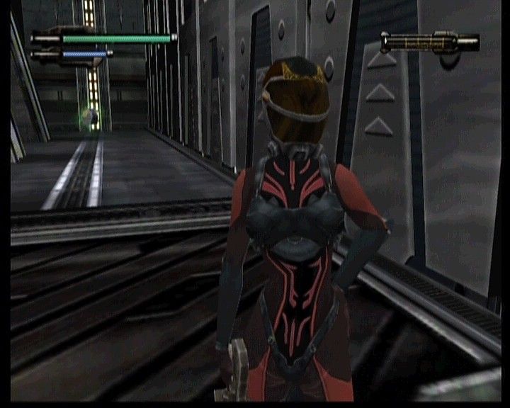 Dino Crisis 3 (Xbox) screenshot: Looking at your partner from 1st-person perspective which is now available as well.