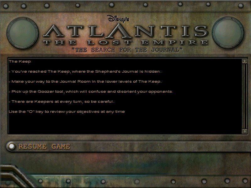 Disney's Atlantis: The Lost Empire - Search for the Journal (Windows) screenshot: Each level has instructions and objectives (not that you need them).