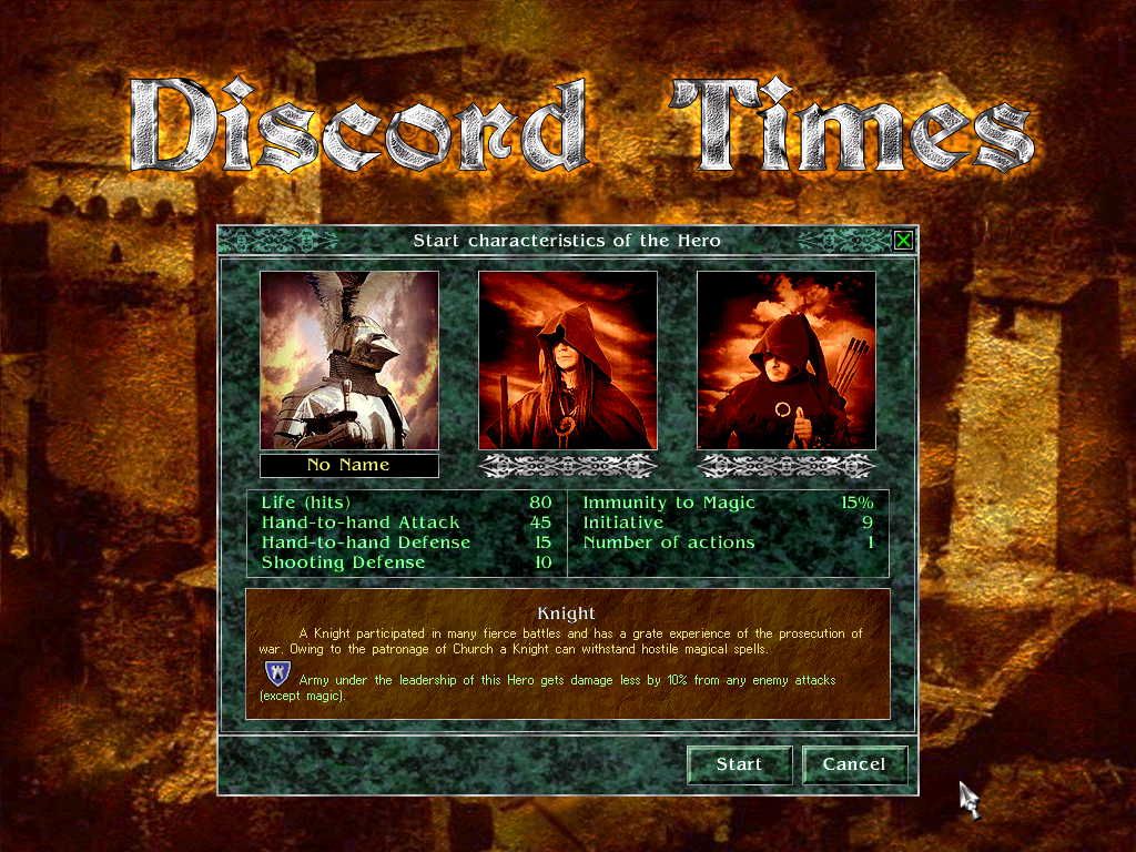 Discord Times (Windows) screenshot: Choice start hero in the main menu