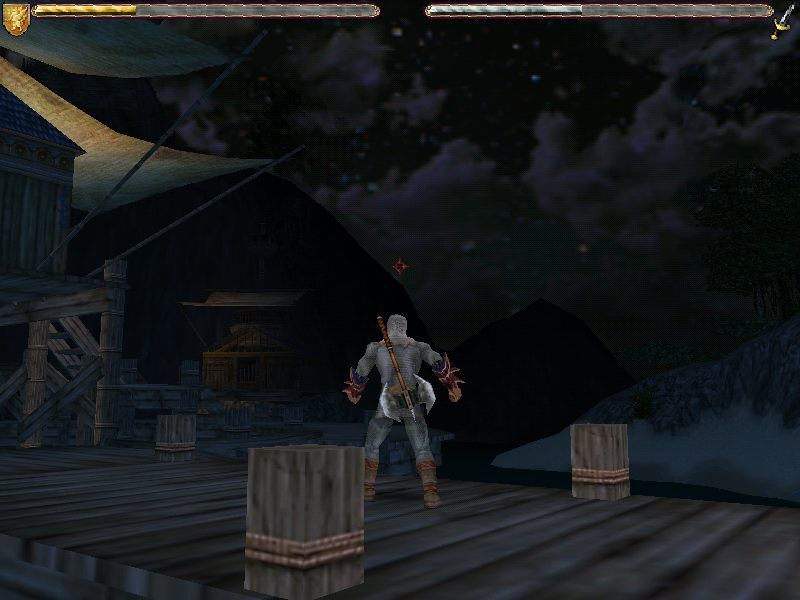 Ultima IX: Ascension (Windows) screenshot: At night at the docks. Clad in chainmail now. Nice ax, too!..