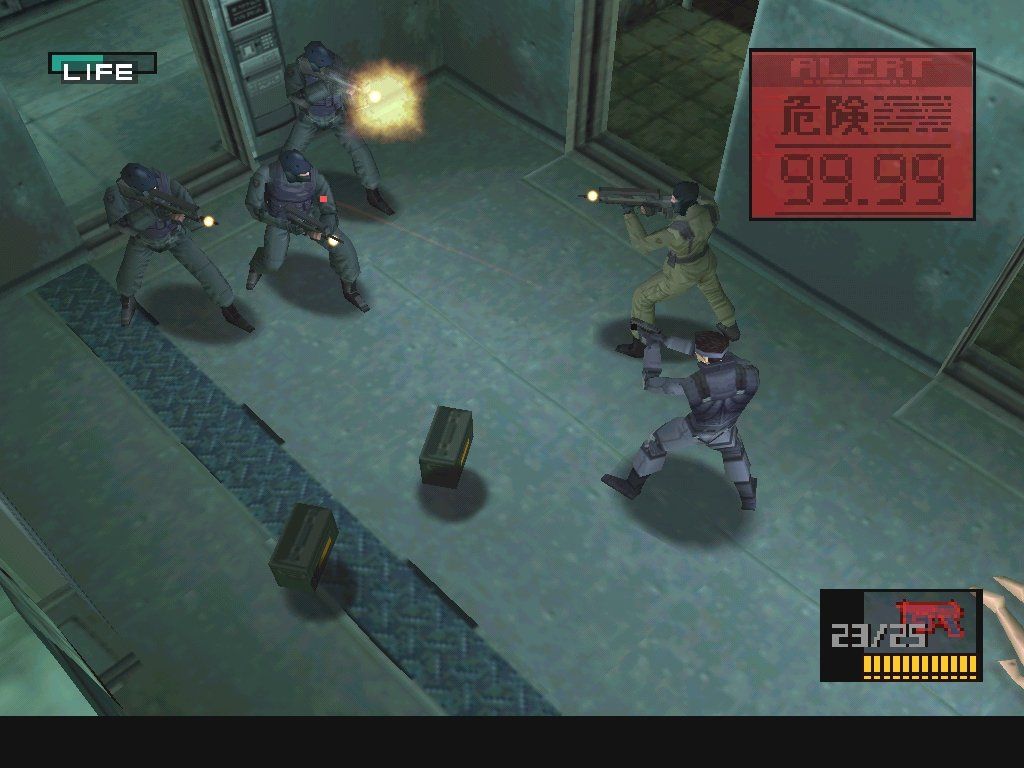 Metal Gear Solid (Windows) screenshot: Meryl, disguised as a GENOME soldier, helps Snake take on a squad of real GENOME soldiers