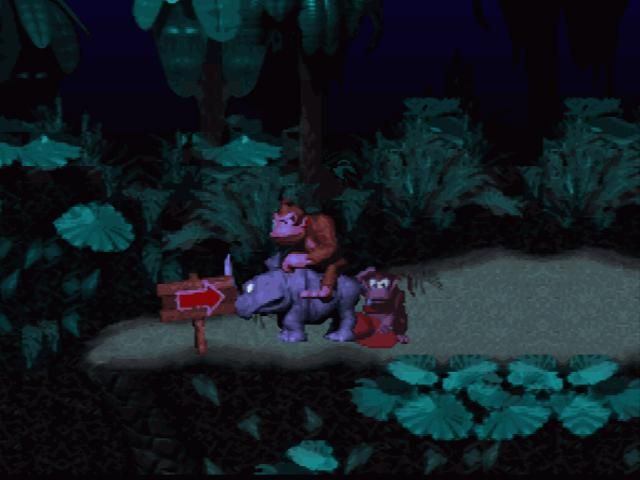 Donkey Kong Country (SNES) screenshot: Night falls on Donkey Kong Country...