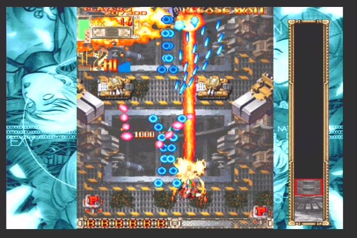 DoDonPachi: Dai-Ou-Jou (PlayStation 2) screenshot: Stage 4 in "Yoko" mode (4:3 aspect ratio) with a wallpaper and stage map filling in the black space