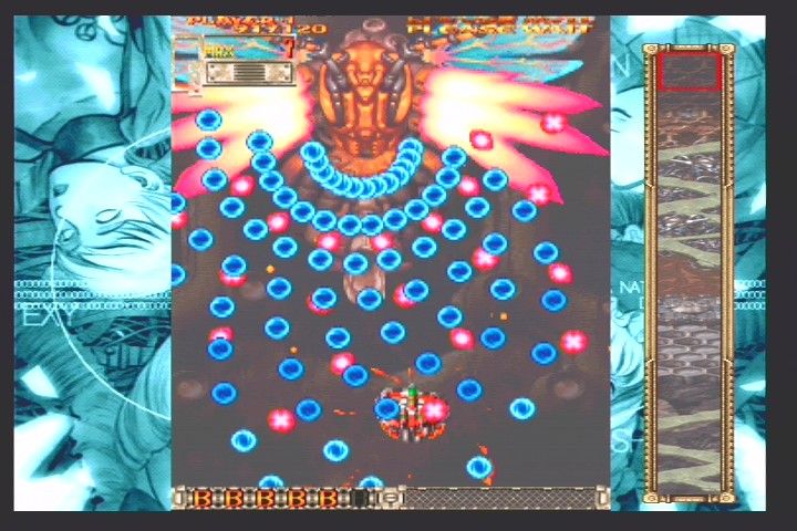 DoDonPachi: Dai-Ou-Jou (PlayStation 2) screenshot: Stage 5 boss in his second form in "Yoko" mode. Those bullets move pretty damn quick.