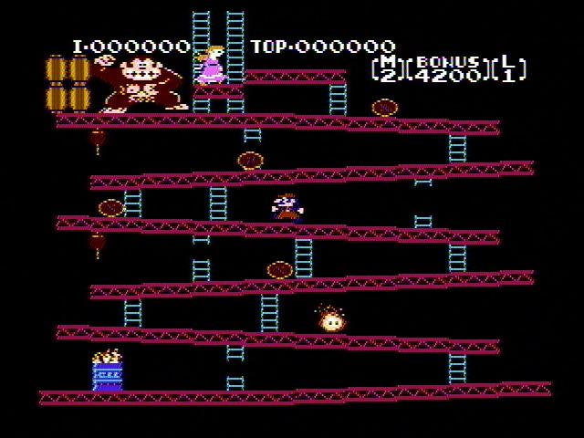Donkey Kong Classics (NES) screenshot: Avoid the barrels (Donkey Kong)