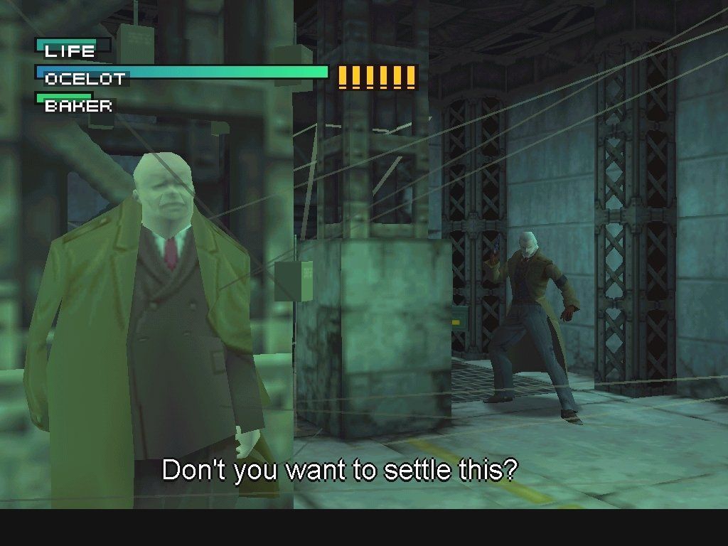 Metal Gear Solid (Windows) screenshot: Snake gets in a pistol duel with Russian cowboy Revolver Ocelot, who's holding the ArmsTech President hostage