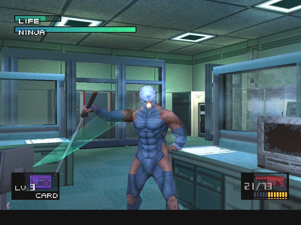 Metal Gear Solid (Windows) screenshot: The Cyborg Ninja: Snake's biggest fan whose only goal in life is to get beat up by him. In real life, we call this 'stalking'