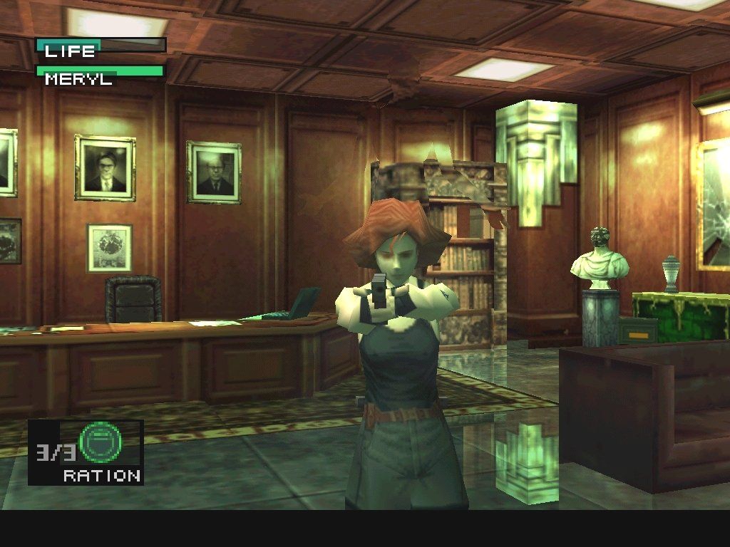 Metal Gear Solid (Windows) screenshot: Possessed by Psycho Mantis, Meryl tries to cap you. You're not going to stand for that, are you?