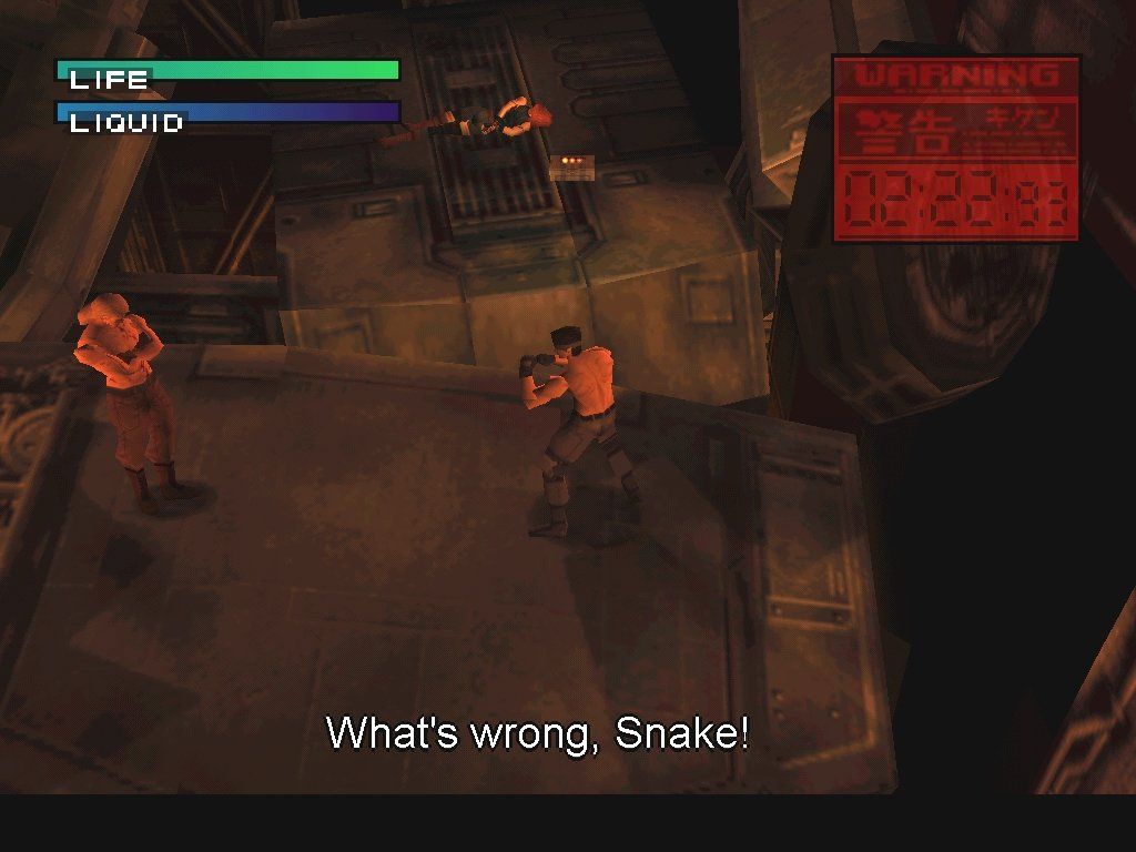 Metal Gear Solid (Windows) screenshot: Solid and Liquid settle their differences the bare-knuckled, shirtless ubermensch way