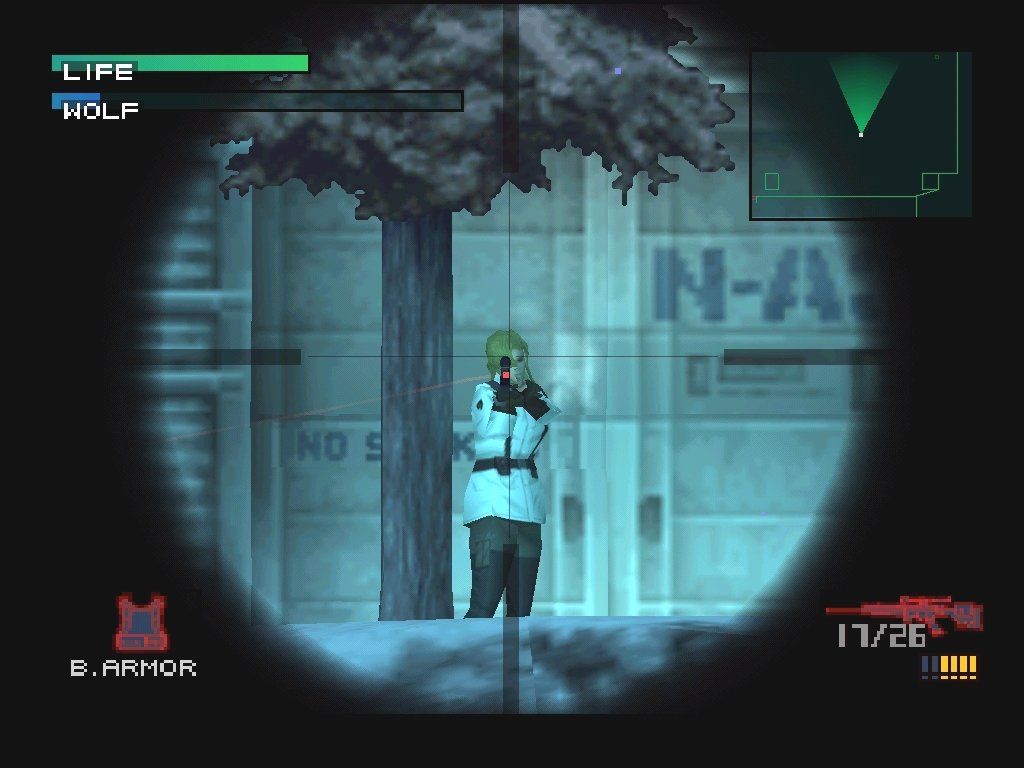 Metal Gear Solid (Windows) screenshot: Sniper Wolf's last stand. At least she's dressing a bit more sensibly now in preparation for her big death scene.
