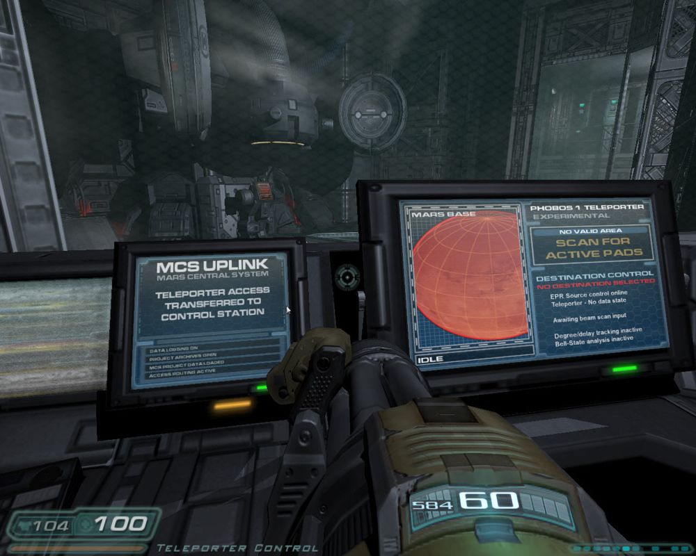 Doom³: Resurrection of Evil (Windows) screenshot: Activating the teleporter.