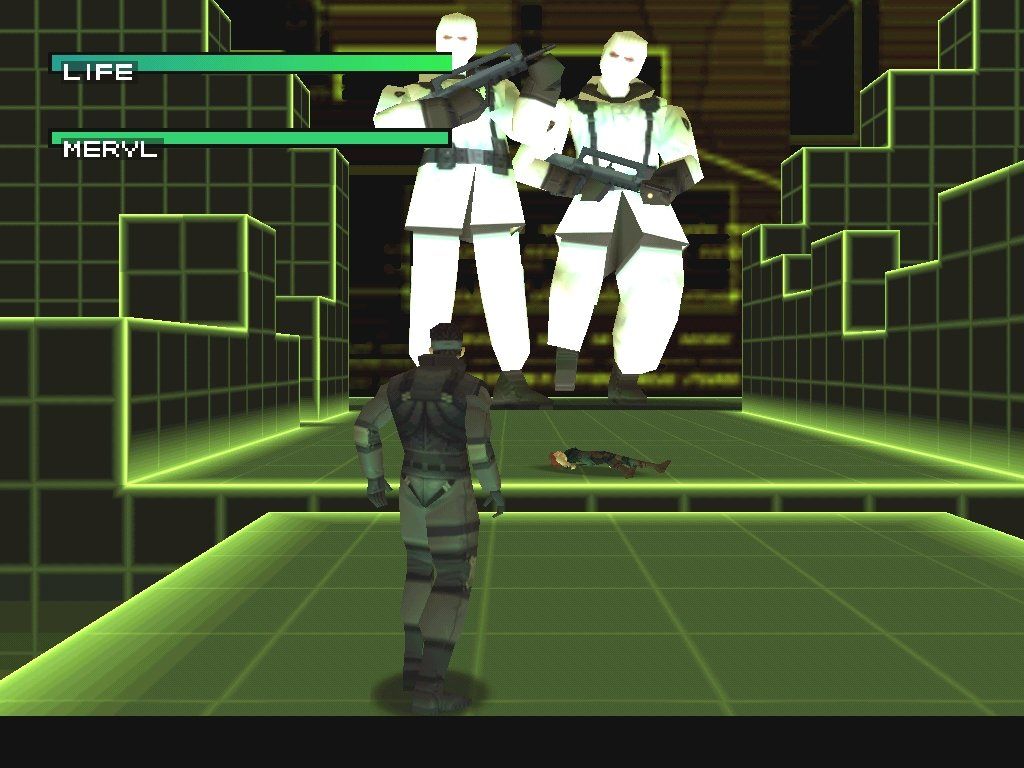 Metal Gear Solid (Windows) screenshot: VR Missions: Snake protects Meryl from a pair of seriously oversized GENOME soldiers