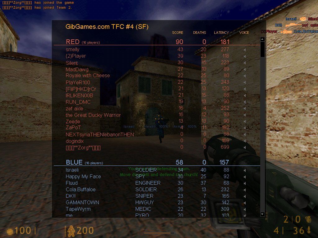 Team Fortress Classic (Windows) screenshot: Pressing TAB brings up the scoreboard.