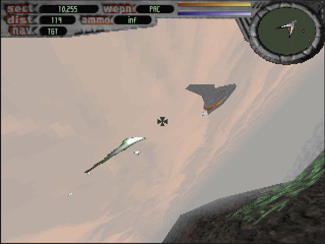 Terminal Velocity (DOS) screenshot: In the beginning the ship only has feeble lasers.