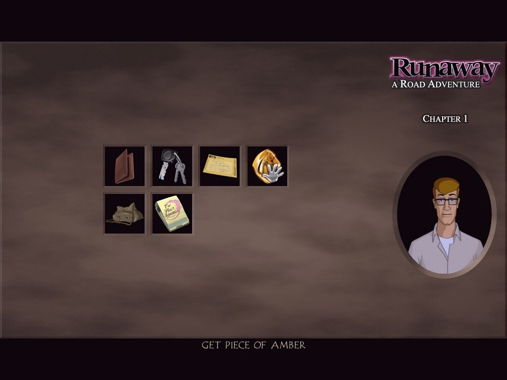 Runaway: A Road Adventure (Windows) screenshot: Look at an item and Brian will tell you about it. Objects can be combined within this inventory window also.