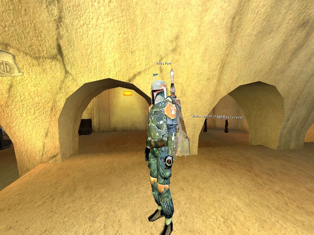 Star Wars: Galaxies - An Empire Divided (Windows) screenshot: Famous Bounty Hunters hanging around Jabba's Palace