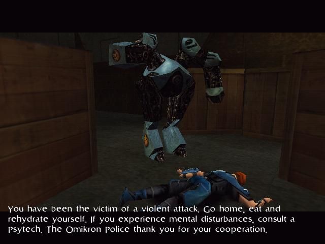 Omikron: The Nomad Soul (Windows) screenshot: The game's sense of humor is not to be ignored