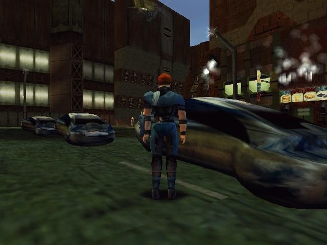 Omikron: The Nomad Soul (Windows) screenshot: Need a ride? Call a slider! A fast food restaurant is just across...