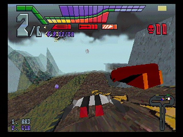 Hi-Octane (SEGA Saturn) screenshot: This opponent looks like a floating truck.