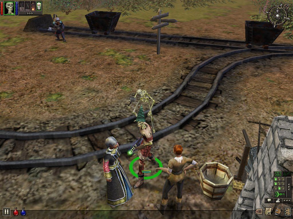 Dungeon Siege (Windows) screenshot: Yes, I'm an Ally McBeal fan...why do you ask? In multiplayer mode, you can play a skeleton...and even summon a buddy. Wearing a funny hat is optional.