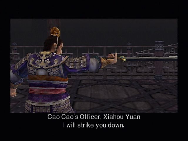 Dynasty Warriors 3 (PlayStation 2) screenshot: Straight to the point. Playable generals will taunt you before engaging you in battle. Some you unlock by beating them.