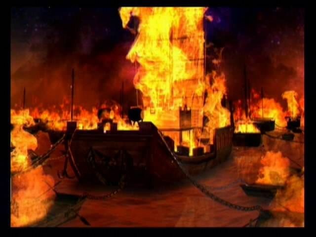 Dynasty Warriors 2 (PlayStation 2) screenshot: The Fleet Aflame. The game is only concerned with the land battles of the period, but the intro video does show a popular tactic of the time: setting tied up fleets afire.