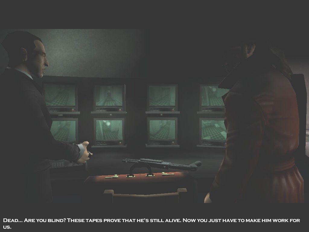 Hitman 2: Silent Assassin (Windows) screenshot: The game's opening movie: Boris' much more powerful brother and a mysterious Man In Black discuss Mr. 47's fate while watching his performance on tapes of the original game's final battle.