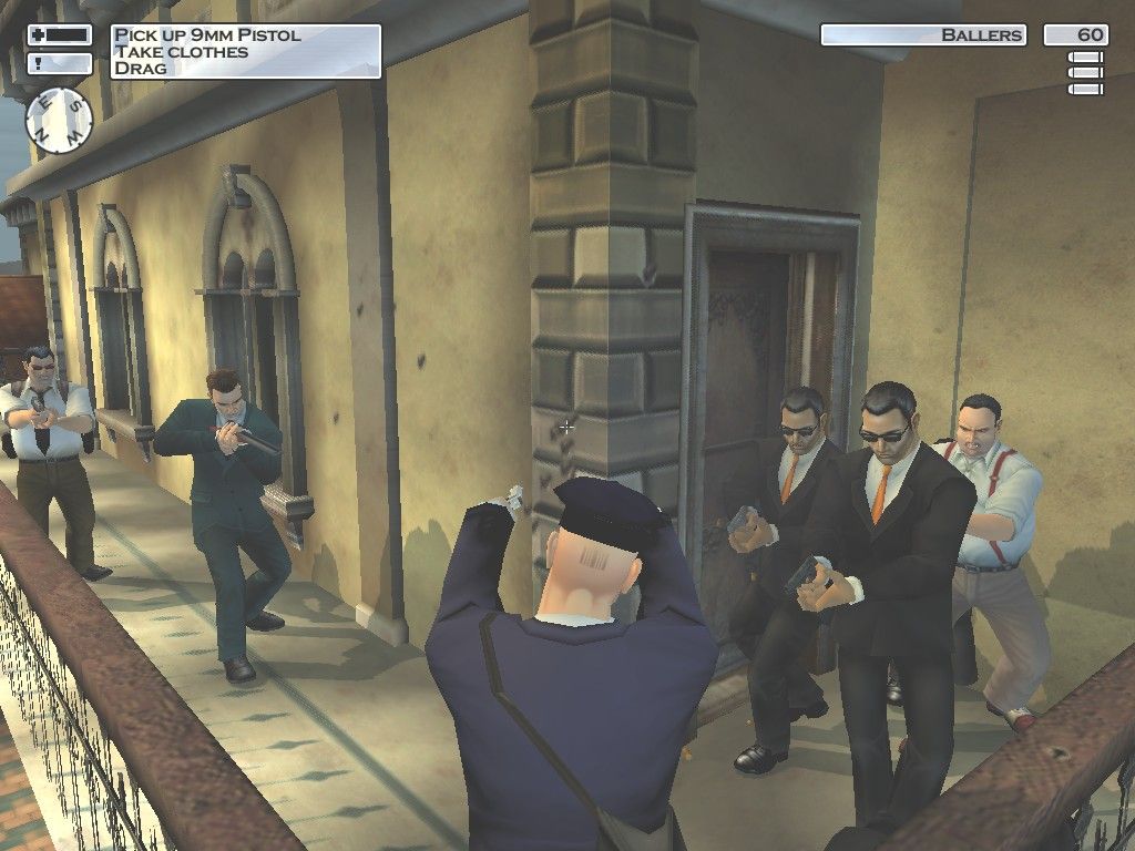 Hitman 2: Silent Assassin (Windows) screenshot: Your nemesis Don Guilliani is well guarded by several bodyguards including his psycho shotgun-wielding lawyer.